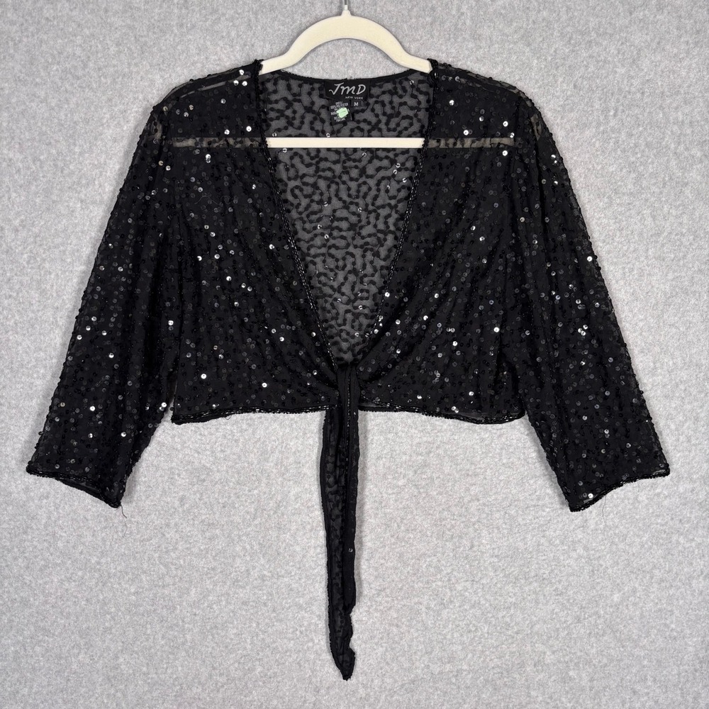 Sheer Sequin Tie Front Cropped Cardigan Medium Black Beaded Shrug Bolero Top